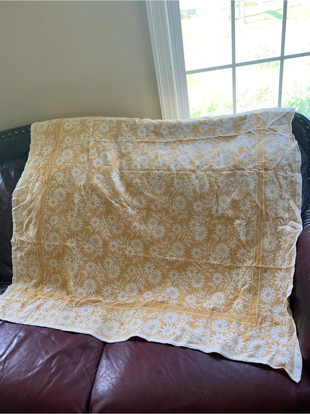 Vintage Yellow Floral Block Print Cotton Tablecloth Throw 55”x47”